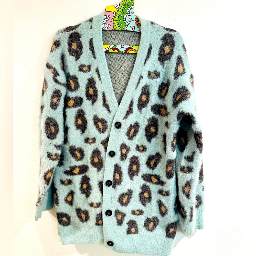 Hem&Thread animal print light electric blue cozy cardigan size Small (oversized)